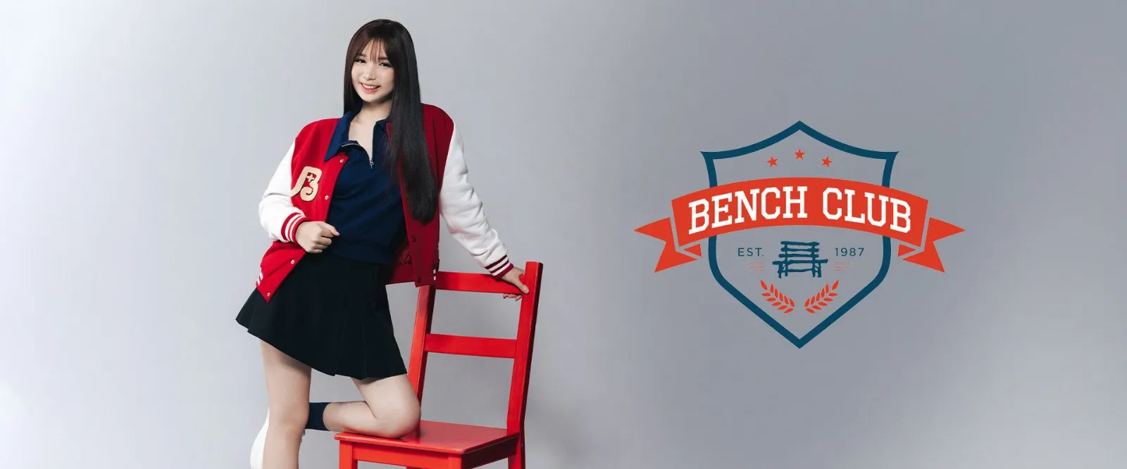 A Bench Club campaign banner showing a model in a black jacket